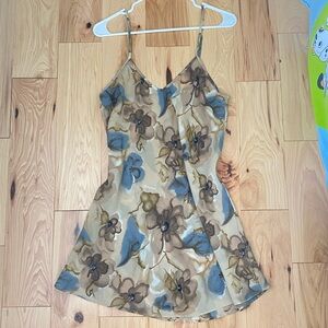 Tan and Blue Floral Silky Slip Dress